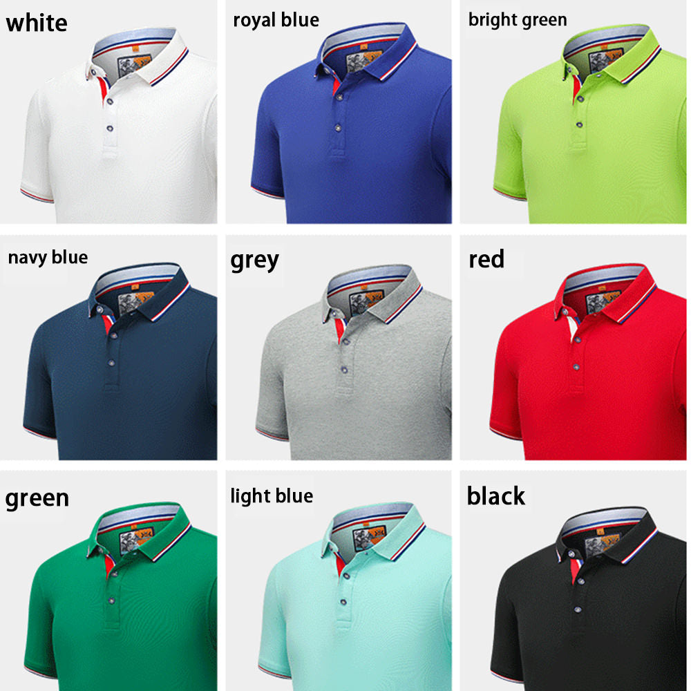 A photo of a custom polo shirt with a variety of color options. The personalized golf shirt is made of a soft, breathable fabric and features a button-down collar and a short-sleeved design.