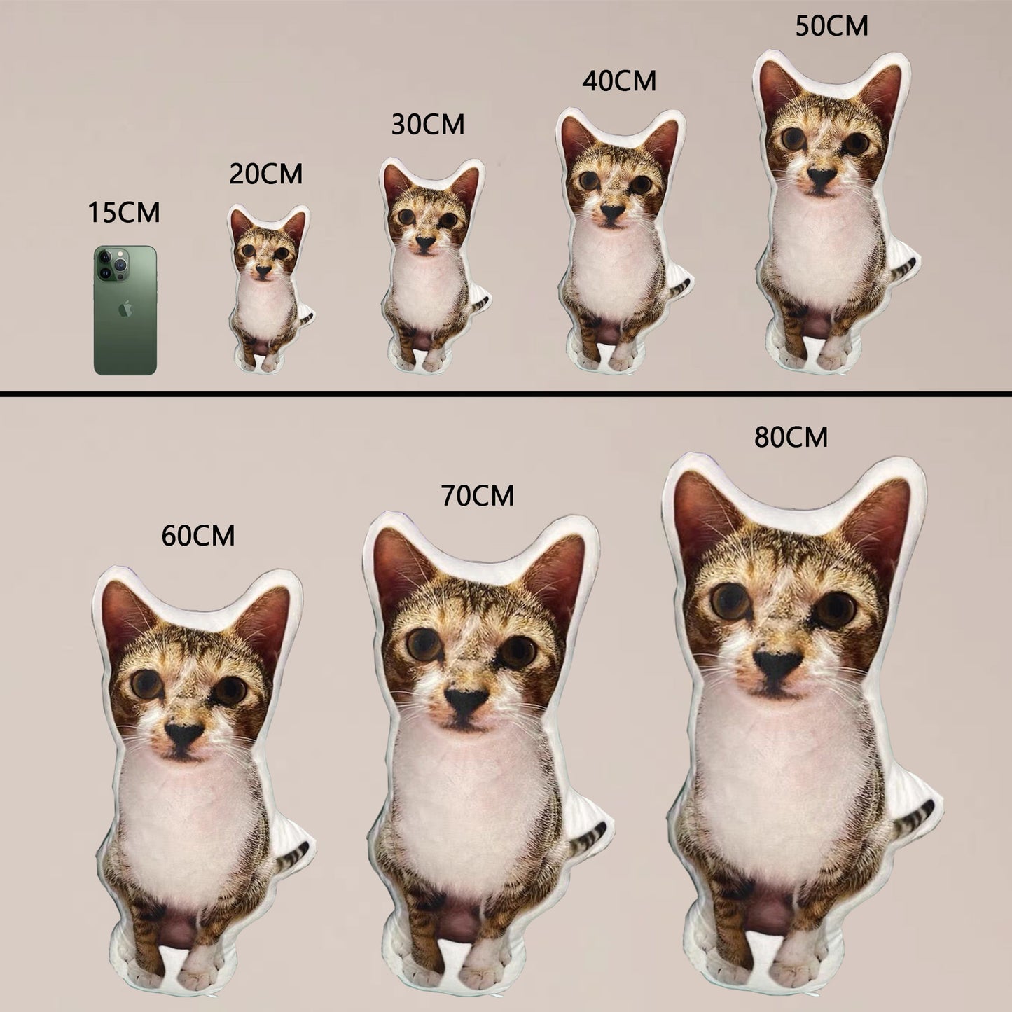 Size list and comparison of personalized body pillow with a photo of a dog on it.