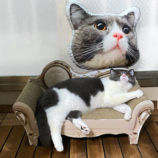 A cat lounges on a sofa next to an all-over print plush toy with a photo of this cat's face.