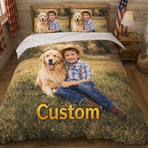 Bedding set with a design of a boy and his dog sitting on a hay bale, with 'Custom' text displayed.