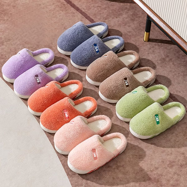 Colorful slippers arranged on a carpeted floor
