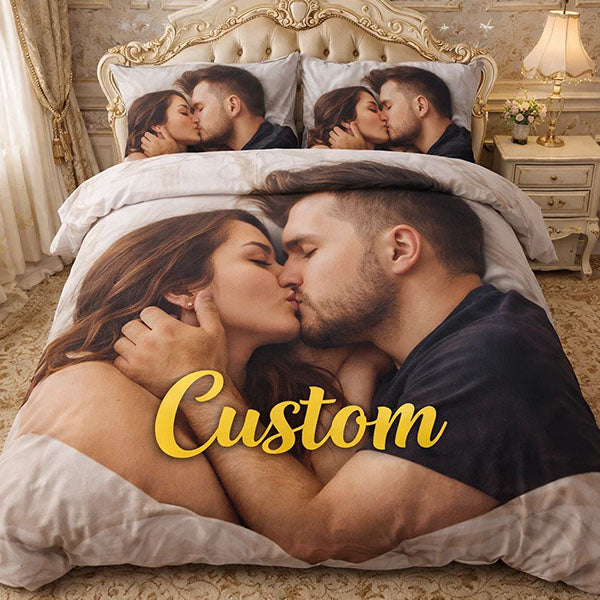 custom bed set with the photo of couple kissing