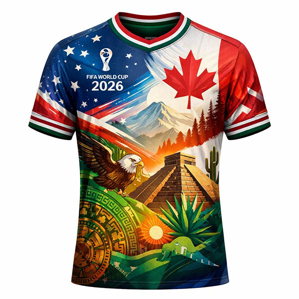 FIFA World Cup 2026 themed shirt with American and Canadian flags and landscape design.