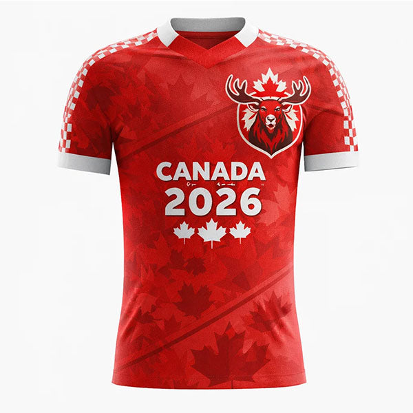 Red sports jersey with 'Canada 2026' text and maple leaf design on a white background