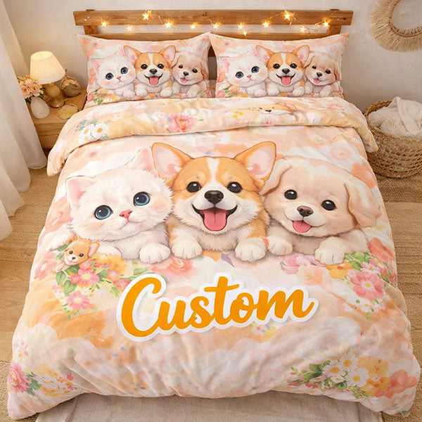 Bedding set with cartoon dogs and cats design on a bed with a wooden headboard.