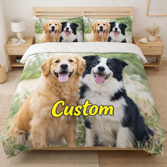 Bedding set printed with two dogs on a bed in a bedroom setting