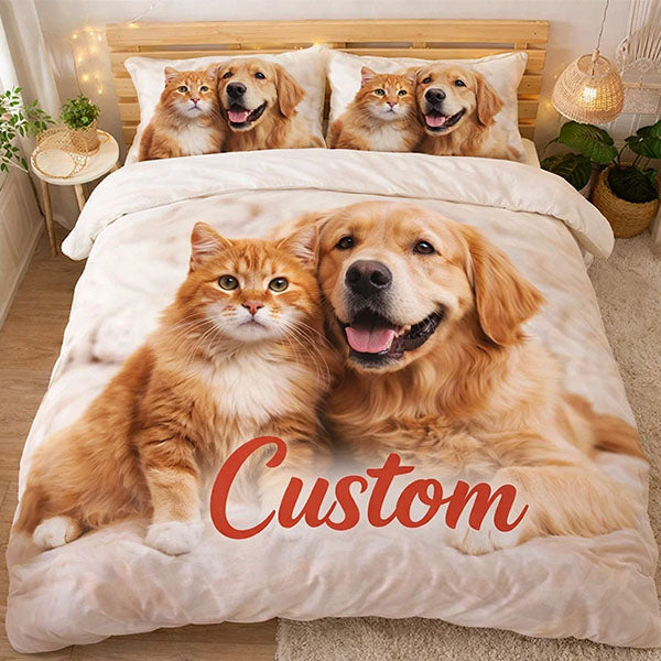 Custom bedding set with cats and dogs printed on it, featuring the word 'Custom'.