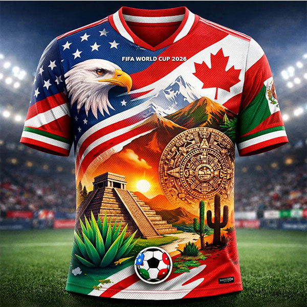 Custom soccer jersey with a colorful design featuring an eagle, mountains, and a football, set against a stadium background.