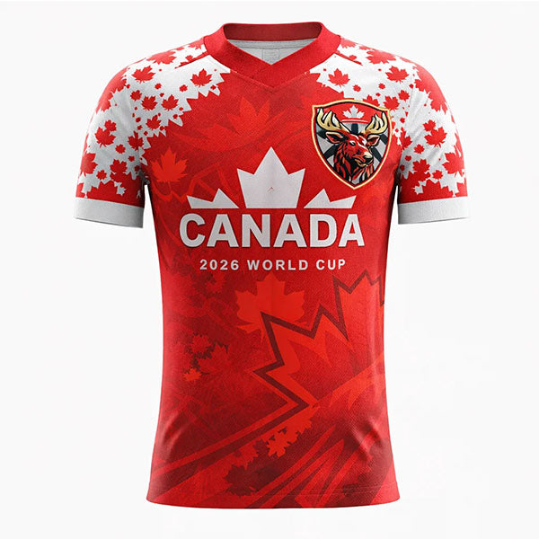 Red and white sports jersey with Canadian design and '2026 World Cup' text on a white background