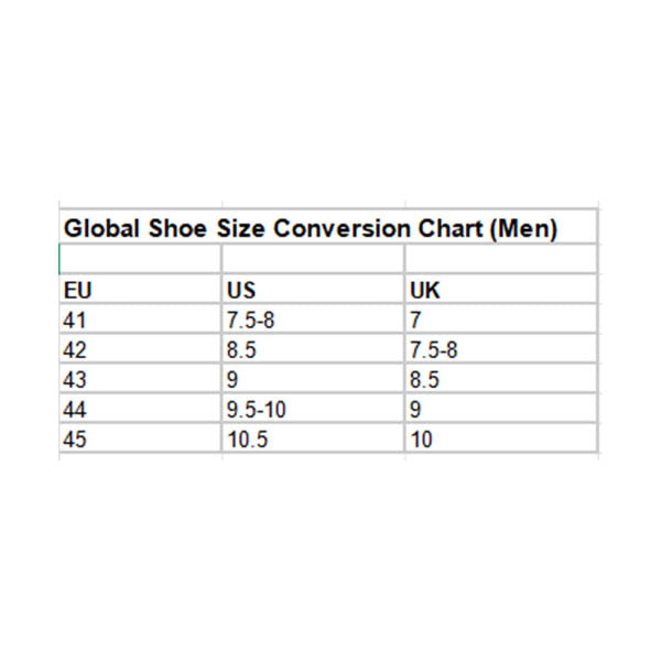Global shoe size conversion chart for men