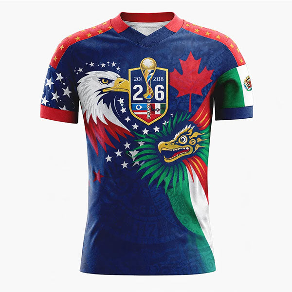 Colorful sports jersey with eagle, dragon, and flags on a white background