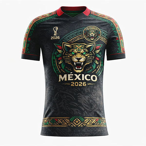 Black sports jersey with Mexican-themed design and 'México 2026' text on a white background