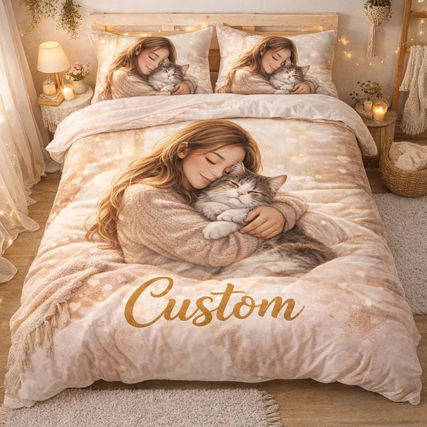 personalized bedding set with the photo of woman hugging a cat on a bed with 'Custom' comforter, surrounded by soft lighting and decor.